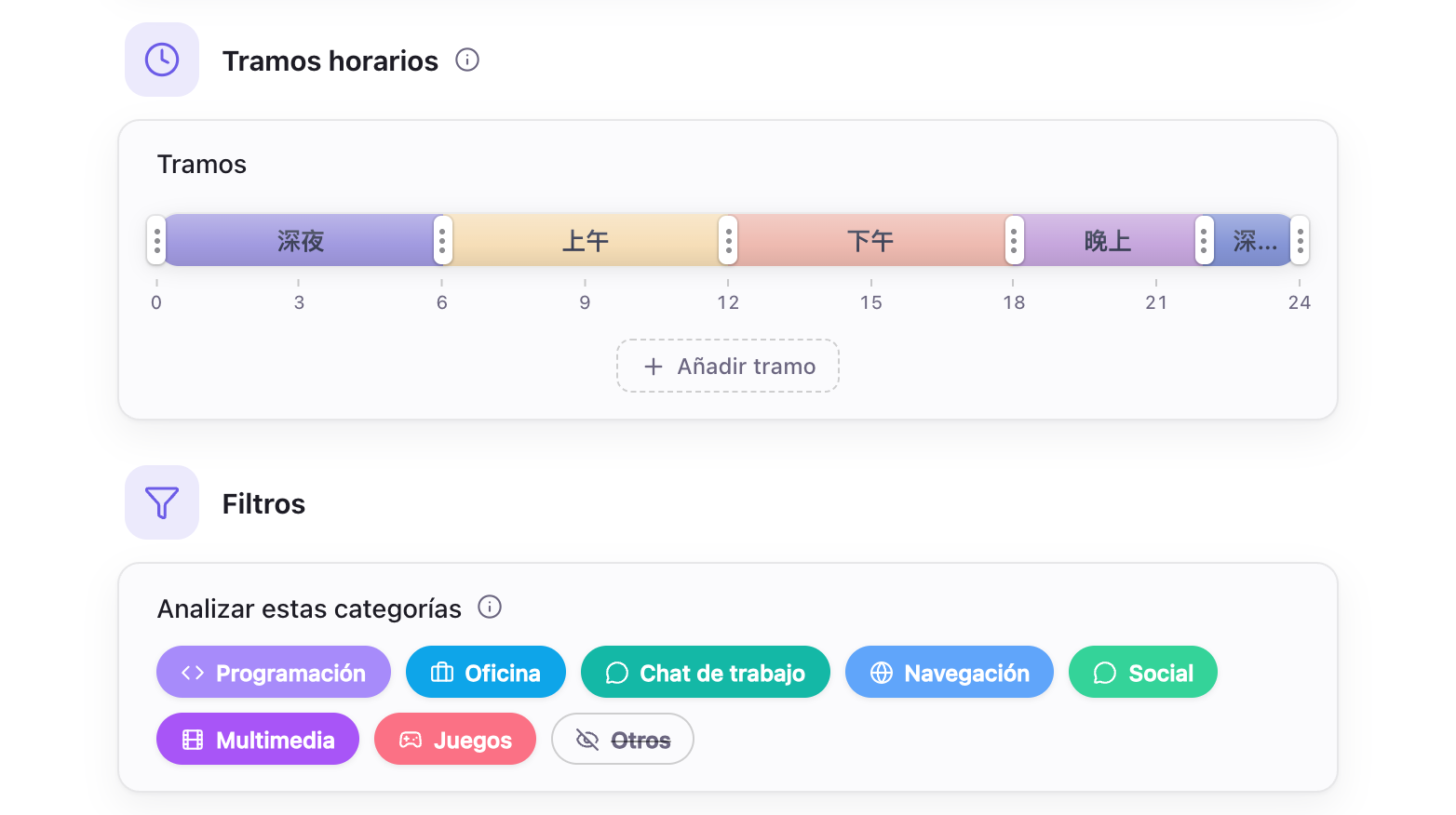 Ajustes de IA: tramos horarios y filtros