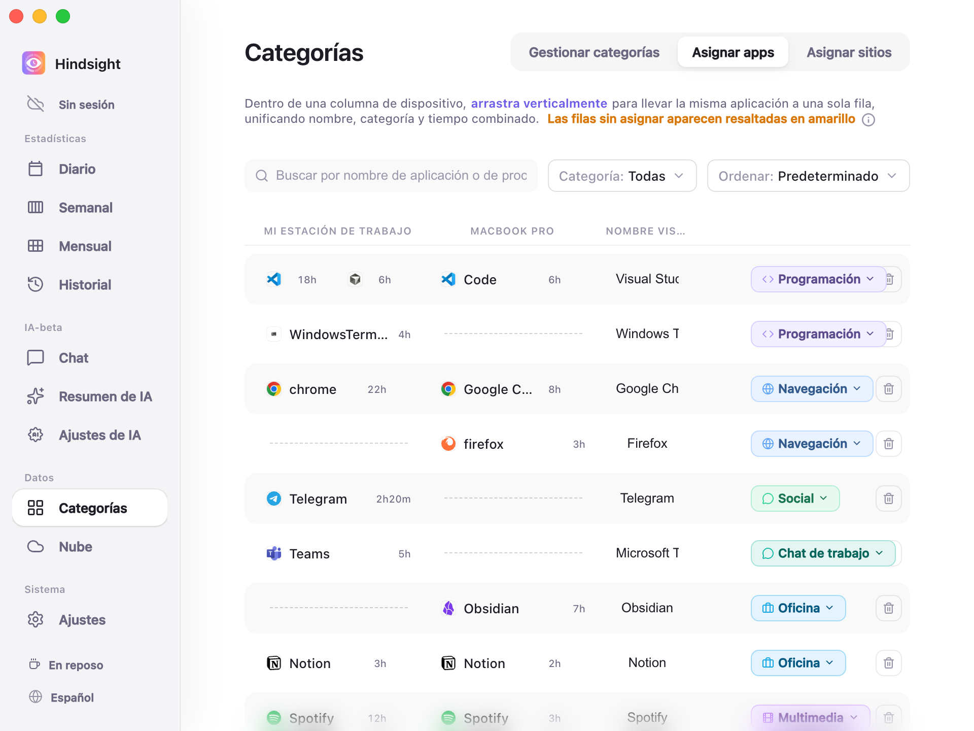 Página de categorías: asignar aplicaciones