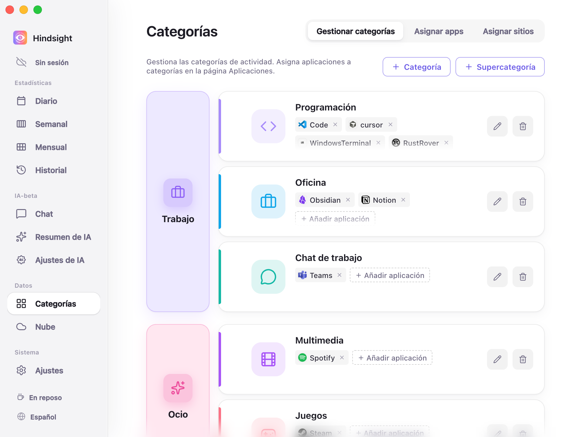 Página de categorías: gestionar categorías