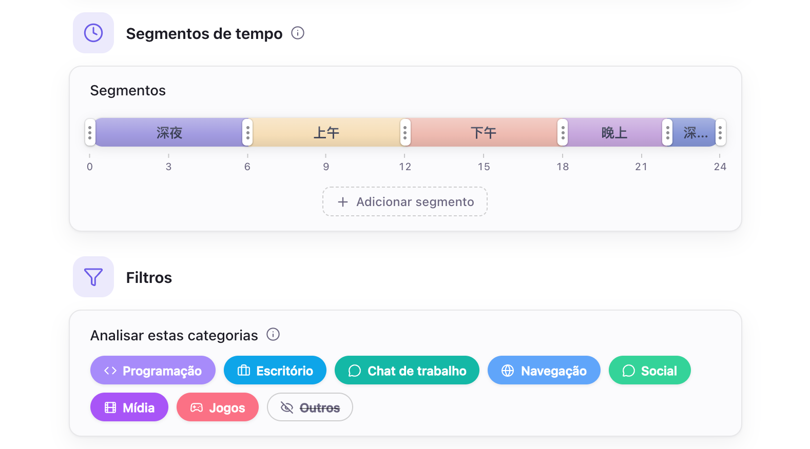 Ajustes IA — segmentos de tempo e filtros