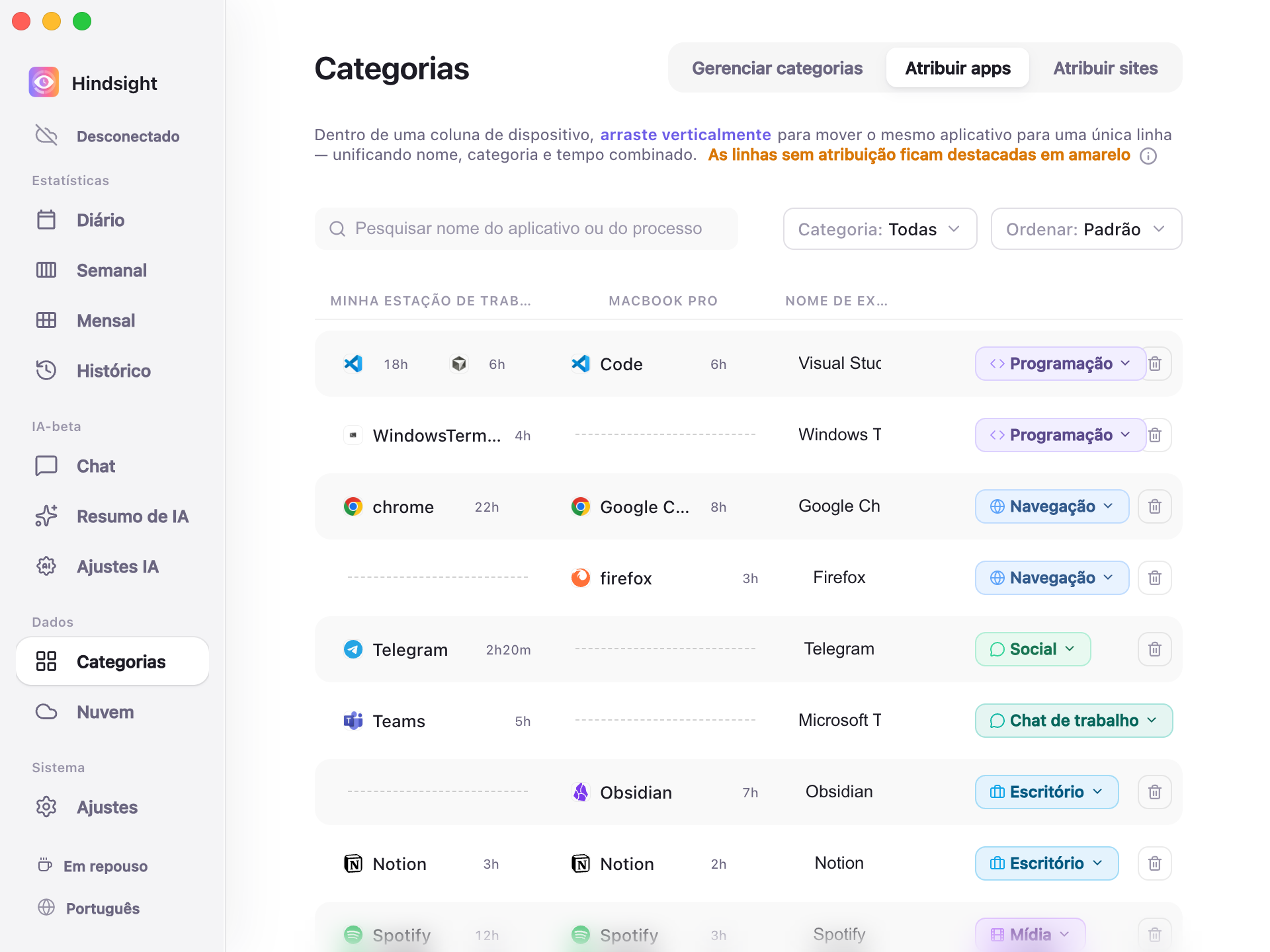 Página Categorias — atribuição de aplicativos