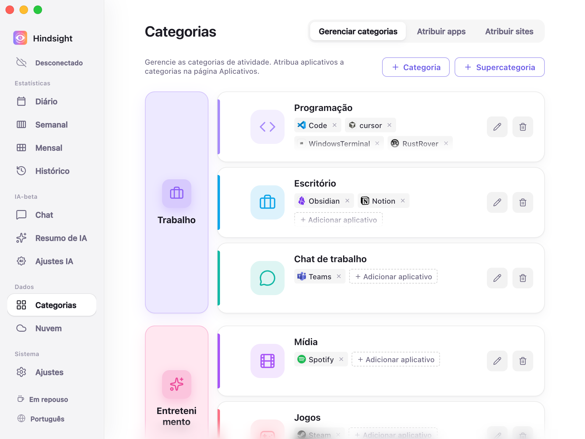 Página Categorias — gerenciamento de categorias