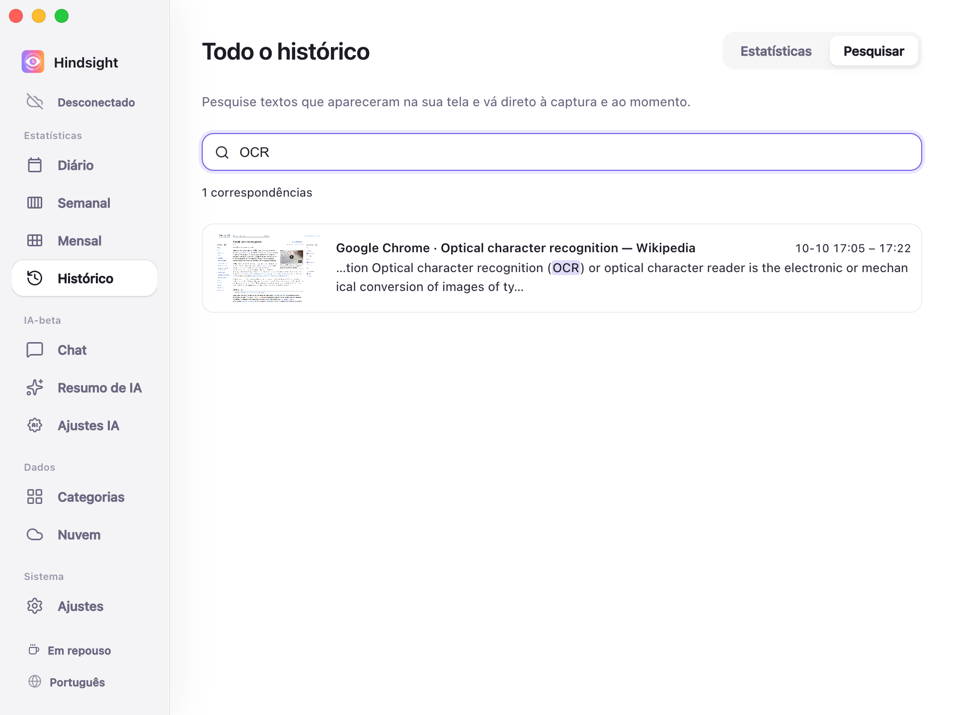 Memória de tela — resultados da pesquisa por palavras-chave